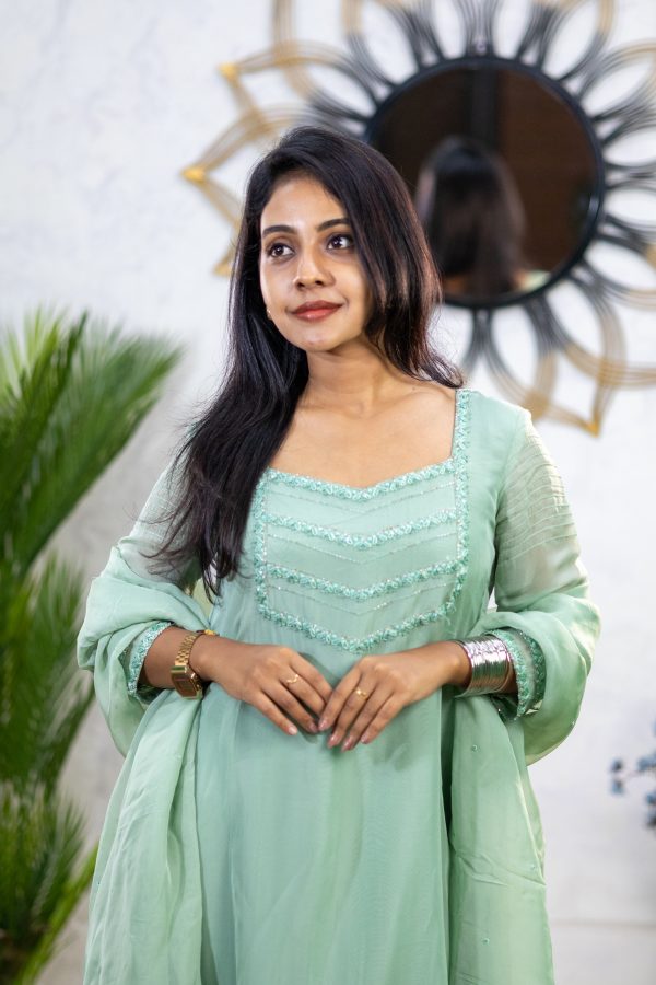 Seafoam Green Organza Kurta Set with Hand Embroidery - Image 3