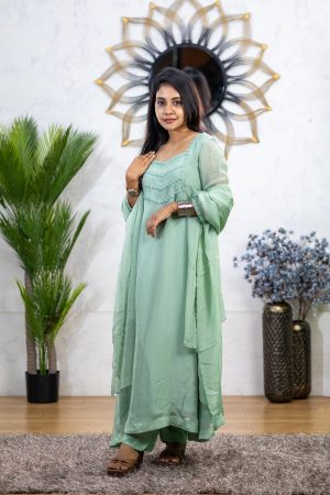 Seafoam Green Organza Kurta Set with Hand Embroidery