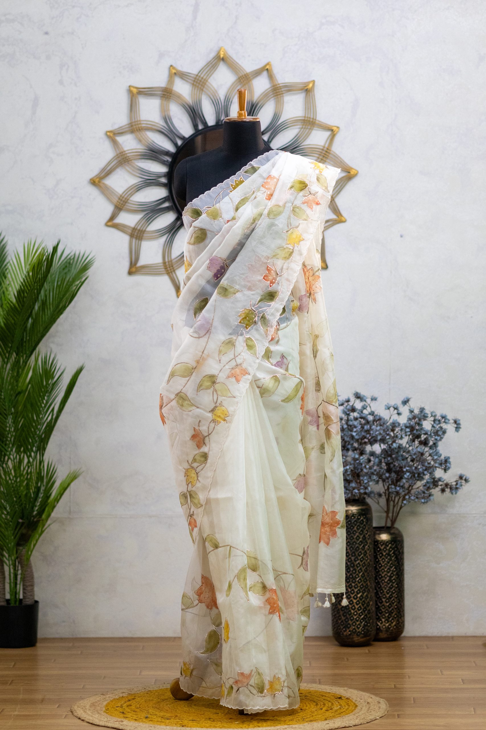 Pure Organza Saree with Allover Brush Painting & Hand Embroidery