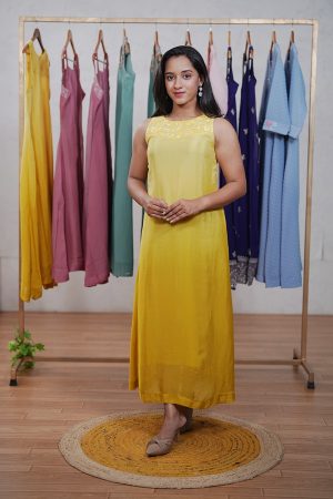 Pure Chinon Kurta with Ombre Shade & Hand Embroidered Yoke