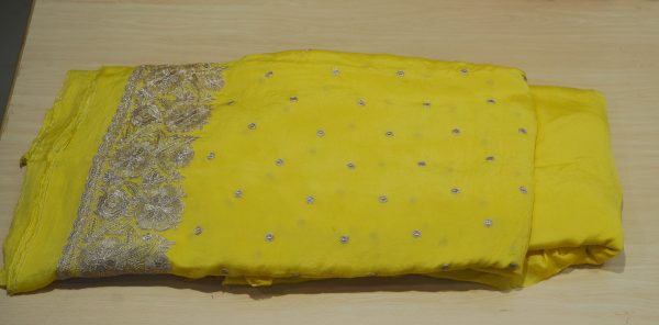 Pure Viscose Chinon Fabric with daman embroidery in Pani gold zari