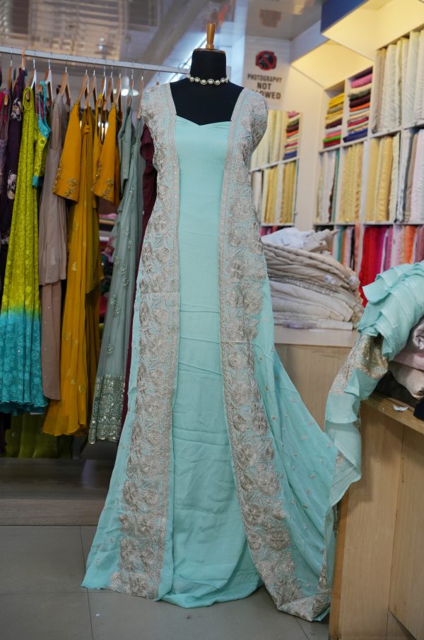 Pure Viscose Chinon Fabric with daman embroidery in Pani gold zari - Image 4