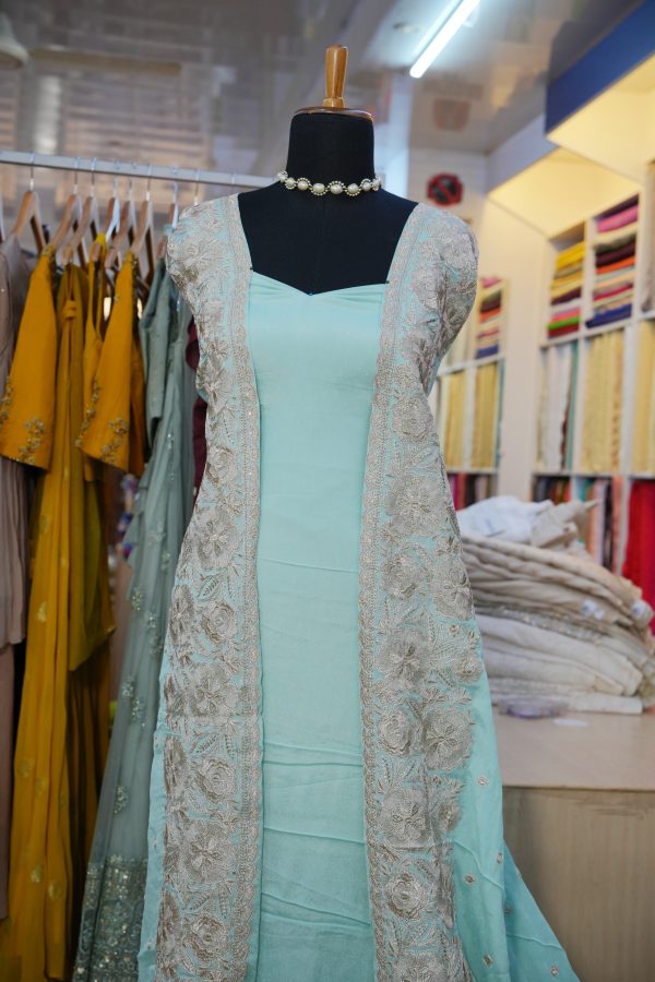 Pure Viscose Chinon Fabric with daman embroidery in Pani gold zari - Image 3
