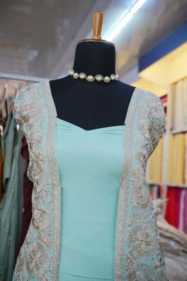 Pure Viscose Chinon Fabric with daman embroidery in Pani gold zari - Image 2