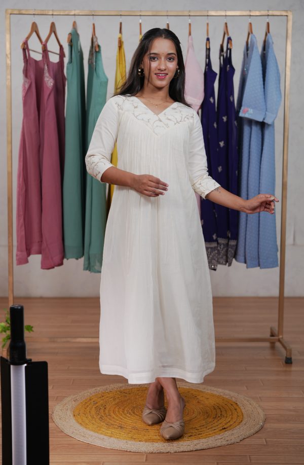 A-Line Kurta in Malai-Chanderi with Embroidered Yoke - Image 2