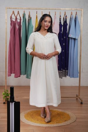 A-Line Kurta in Malai-Chanderi with Embroidered Yoke