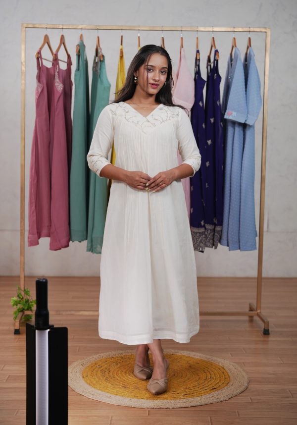 A-Line Kurta in Malai-Chanderi with Embroidered Yoke - Image 7