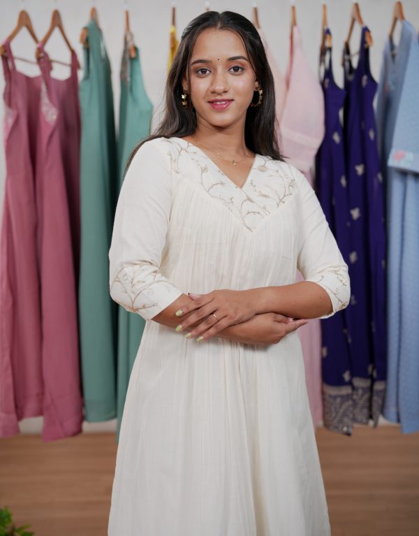 A-Line Kurta in Malai-Chanderi with Embroidered Yoke - Image 6