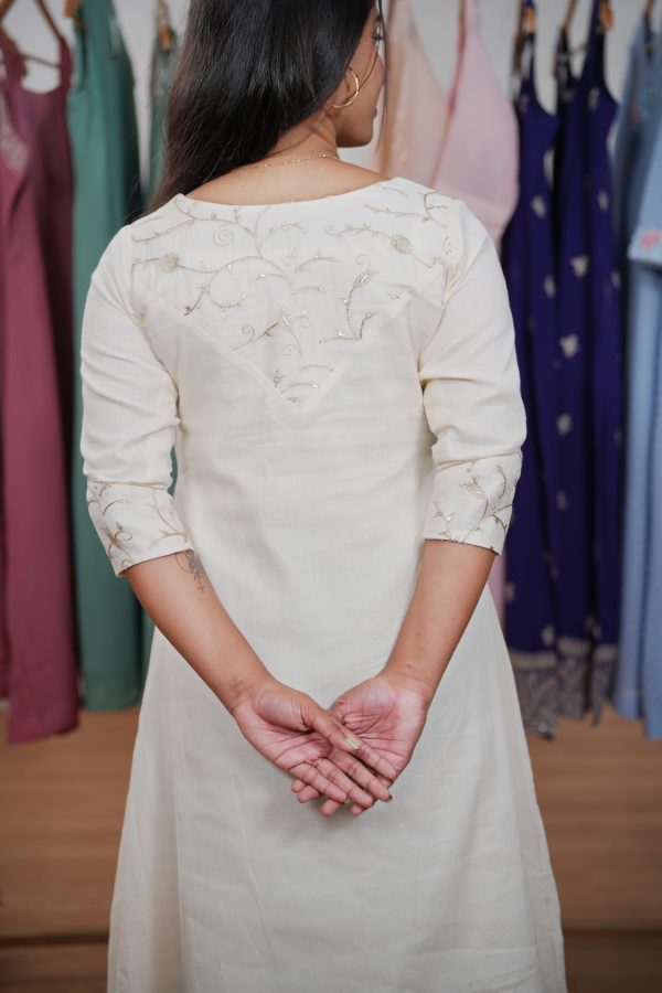 A-Line Kurta in Malai-Chanderi with Embroidered Yoke - Image 4