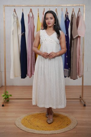A-Line Kurta in Malai-Chanderi with Wrinkled Appliqué & Gathered Yoke