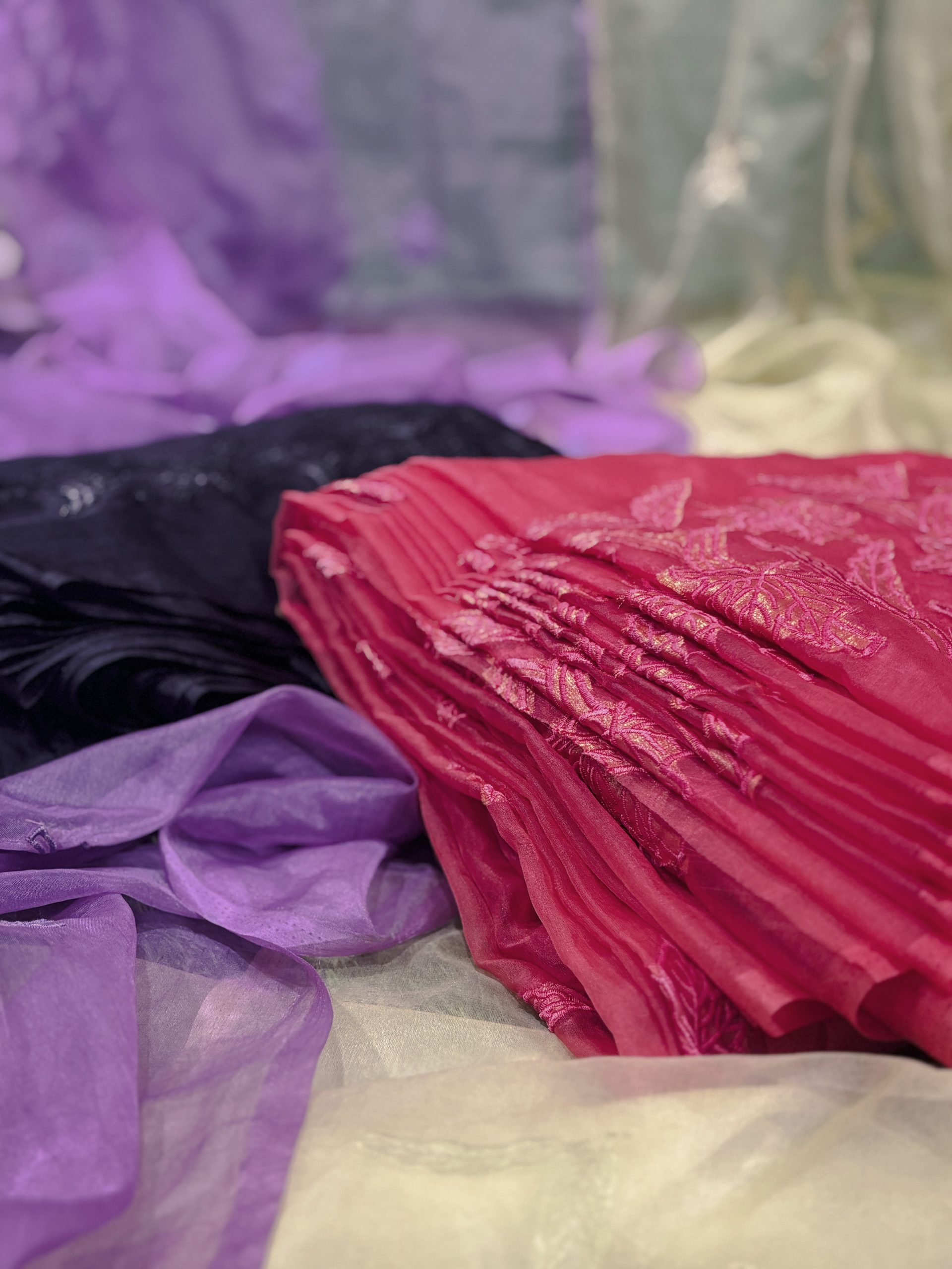 Organza Fabric with Maple Leaf Self-Embroidery - Image 10