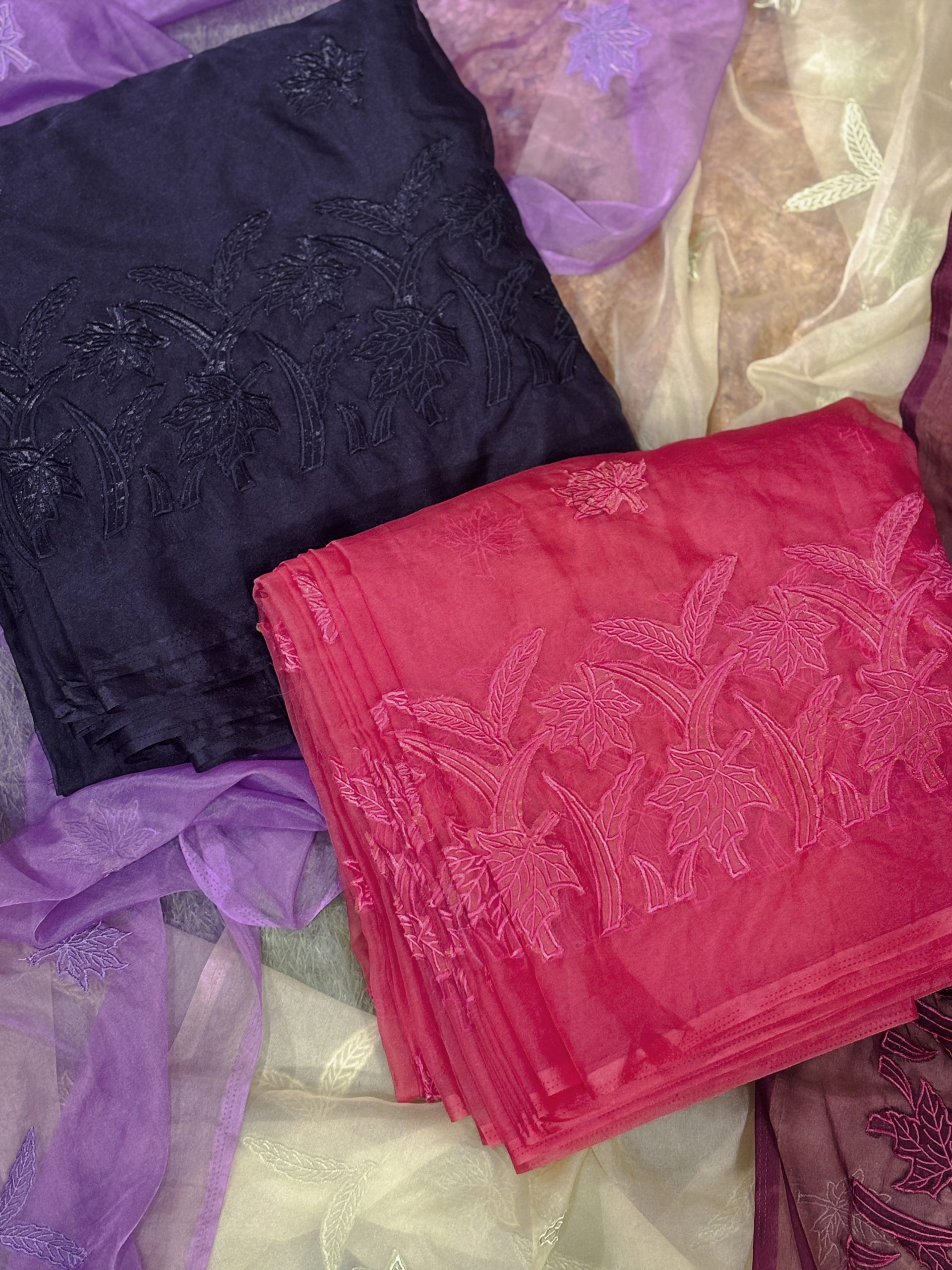 Organza Fabric with Maple Leaf Self-Embroidery - Image 12