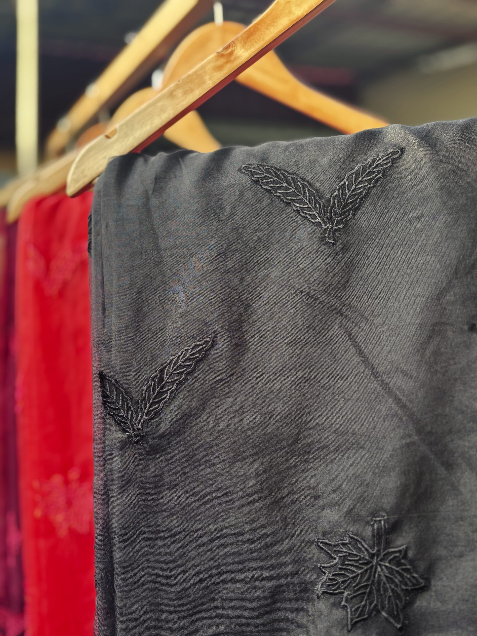 Organza Fabric with Maple Leaf Self-Embroidery - Image 11