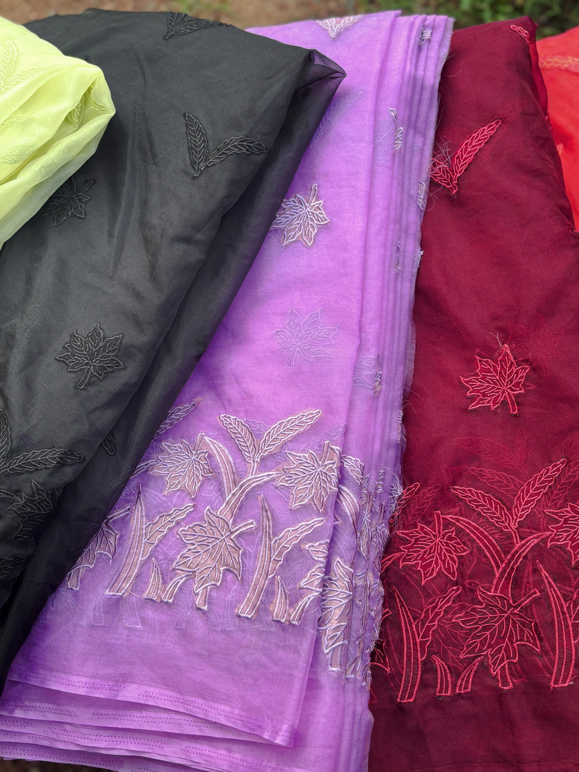 Organza Fabric with Maple Leaf Self-Embroidery - Image 4