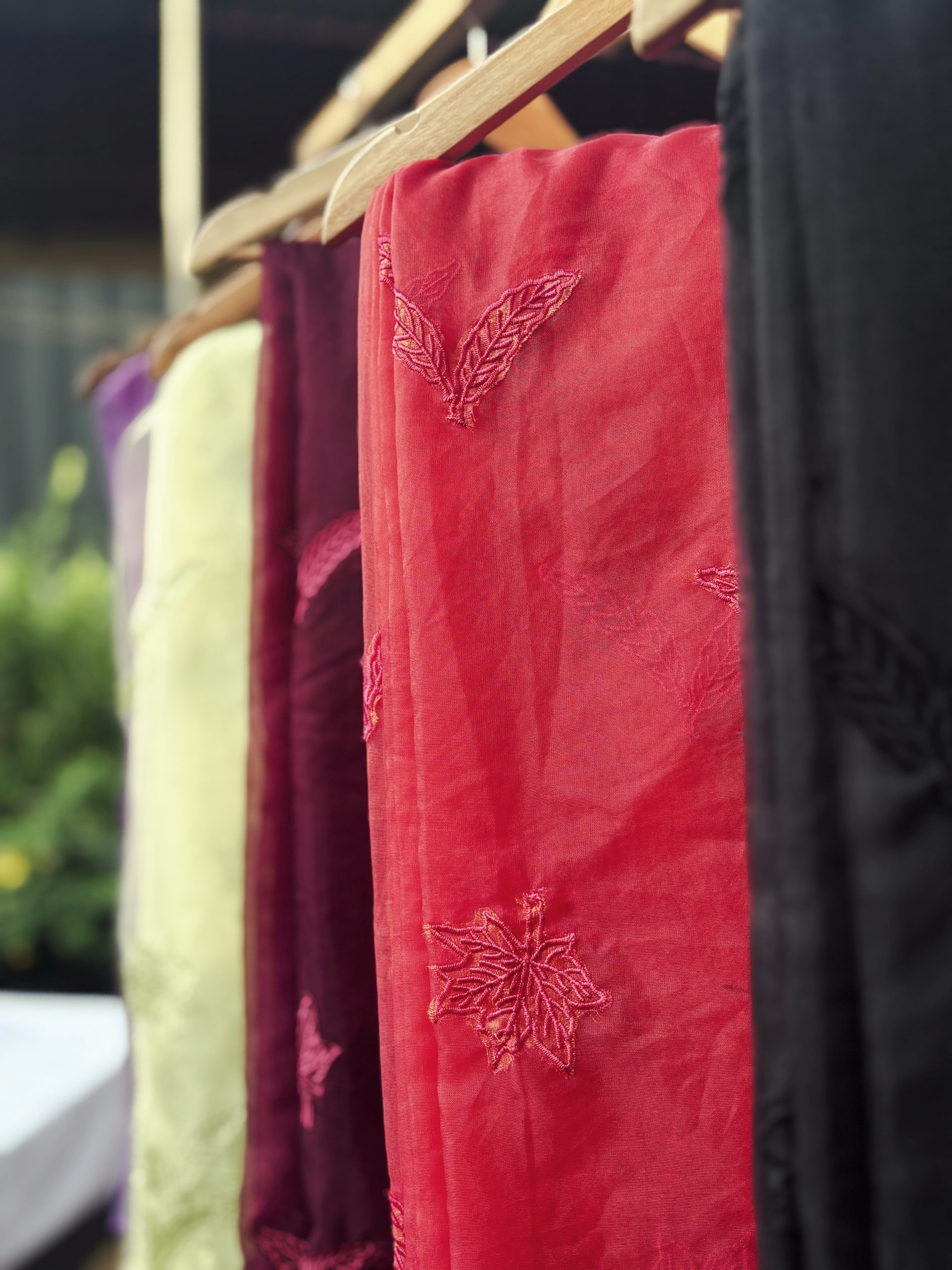 Organza Fabric with Maple Leaf Self-Embroidery - Image 2