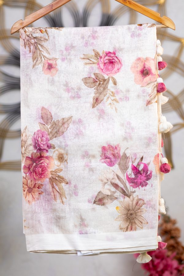 Pure Linen Saree with Floral Digital Print - Image 2