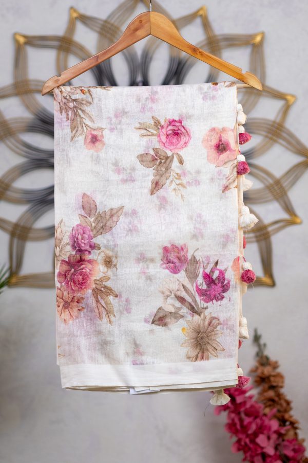 Pure Linen Saree with Floral Digital Print - Image 4