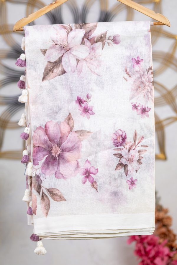 Pure Linen Saree with Floral Digital Print - Image 3