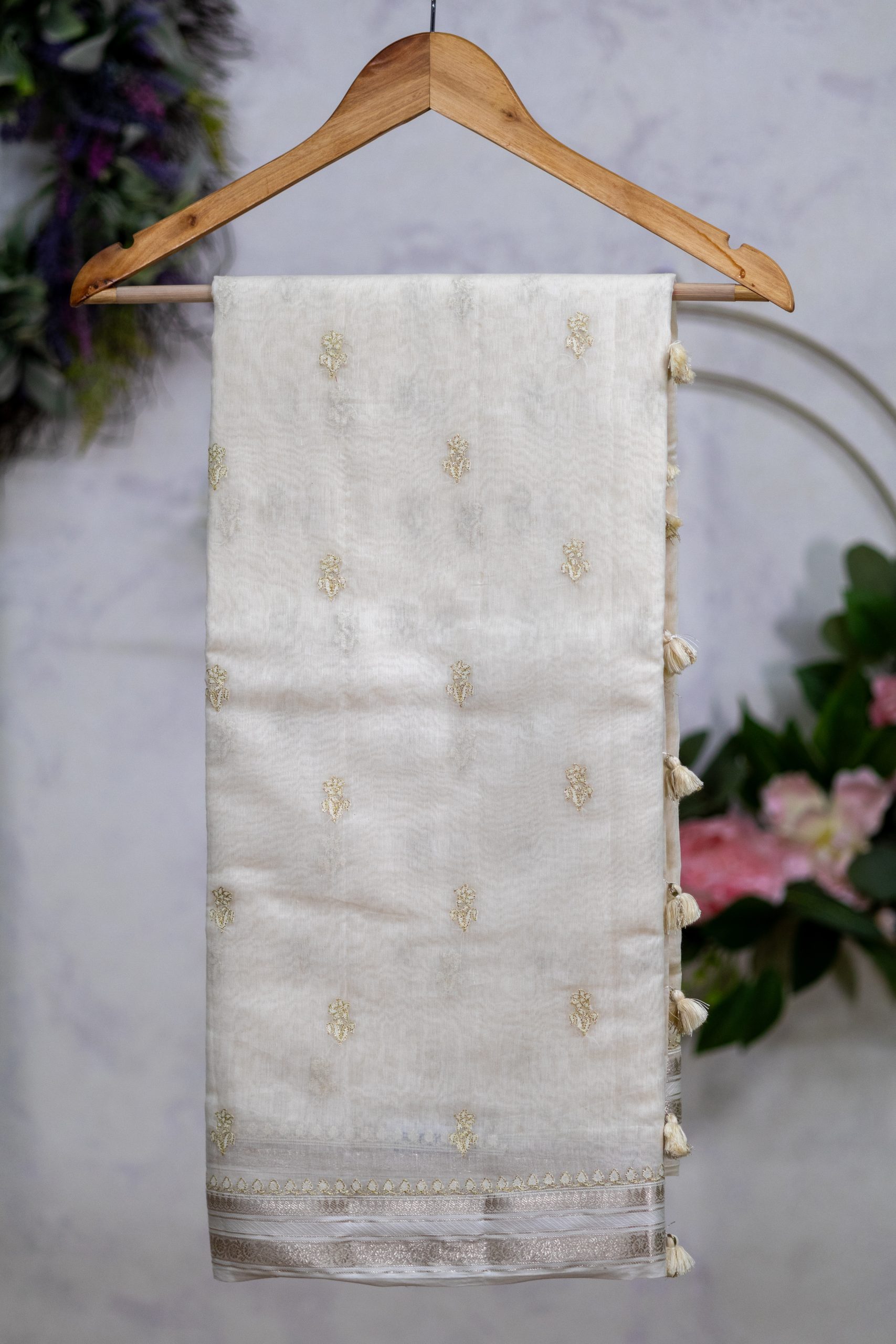 Pure Chanderi Silk Saree with Small Butti Embroidery & Light Antique Zari Border