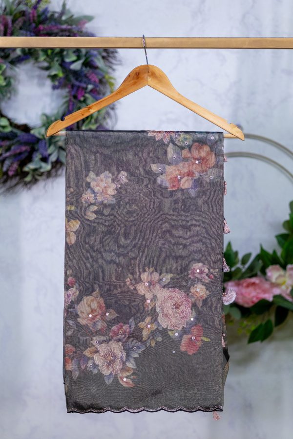 Semi Tissue Saree with Digital Floral Print & Hand Embroidery
