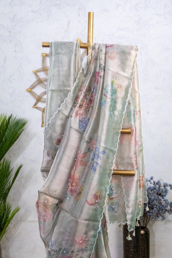 Semi Tissue Saree with Digital Floral Print & Mirror Detailing - Image 3
