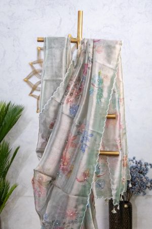 Semi Tissue Saree with Digital Floral Print & Mirror Detailing