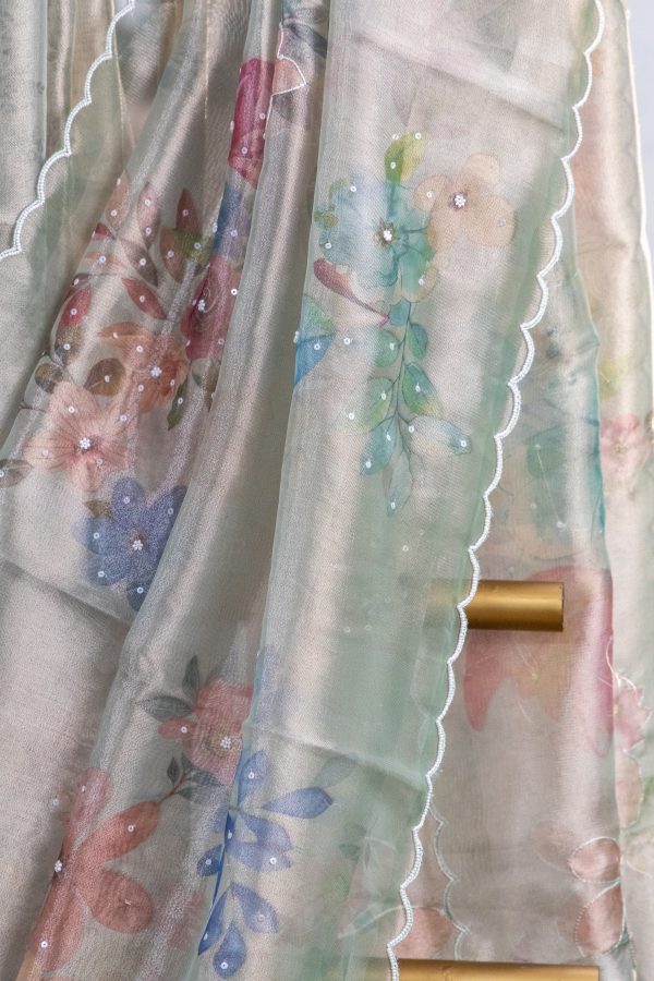 Semi Tissue Saree with Digital Floral Print & Mirror Detailing - Image 13