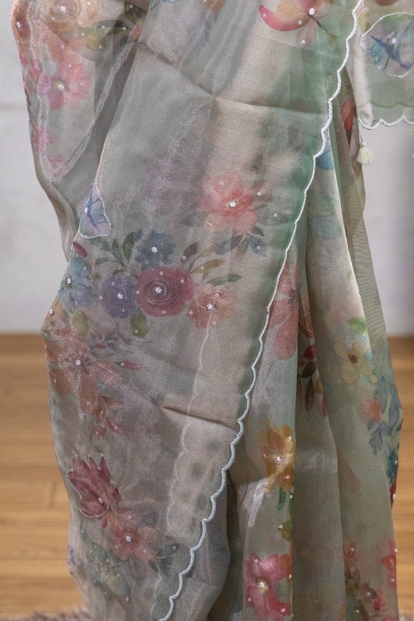Semi Tissue Saree with Digital Floral Print & Mirror Detailing - Image 12