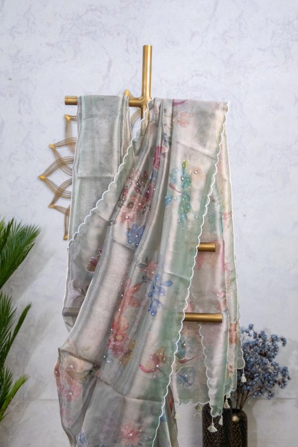Semi Tissue Saree with Digital Floral Print & Mirror Detailing - Image 11