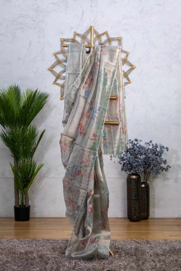 Semi Tissue Saree with Digital Floral Print & Mirror Detailing - Image 10