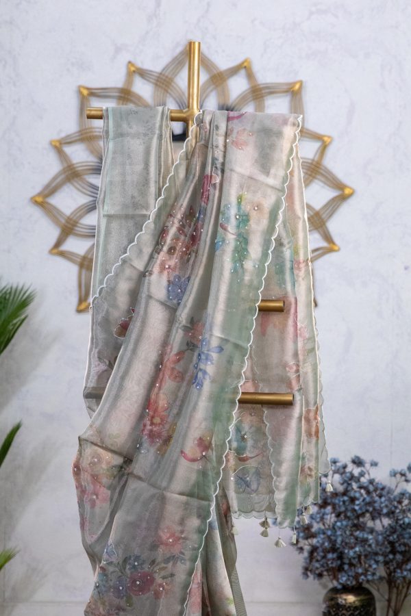 Semi Tissue Saree with Digital Floral Print & Mirror Detailing - Image 8