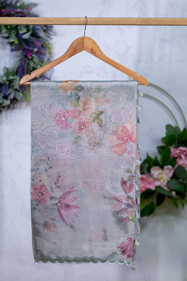 Semi Tissue Saree with Digital Floral Print & Mirror Detailing - Image 6