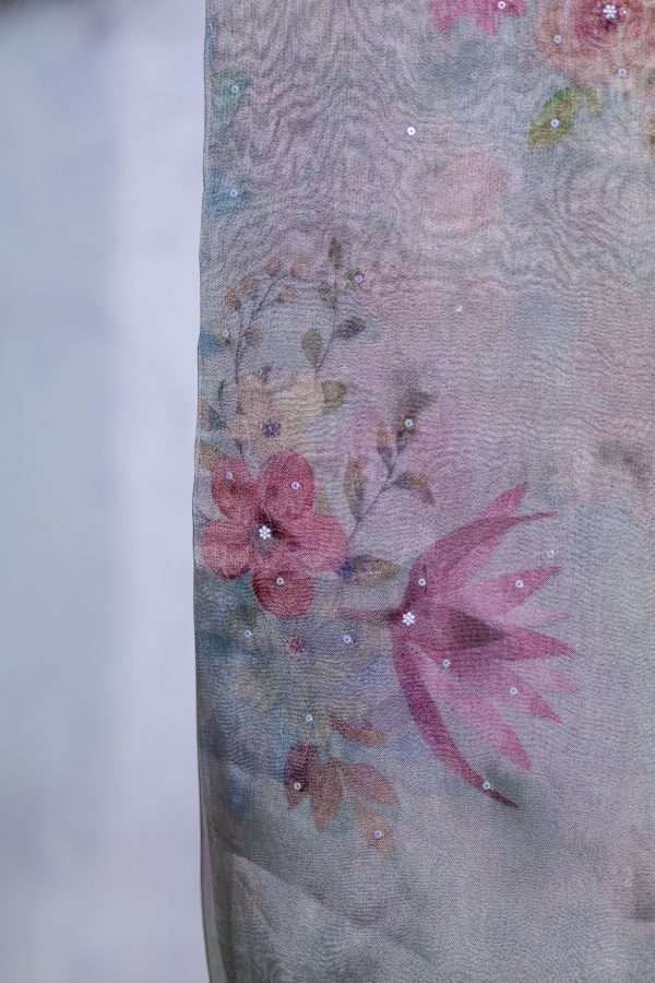 Semi Tissue Saree with Digital Floral Print & Mirror Detailing - Image 4
