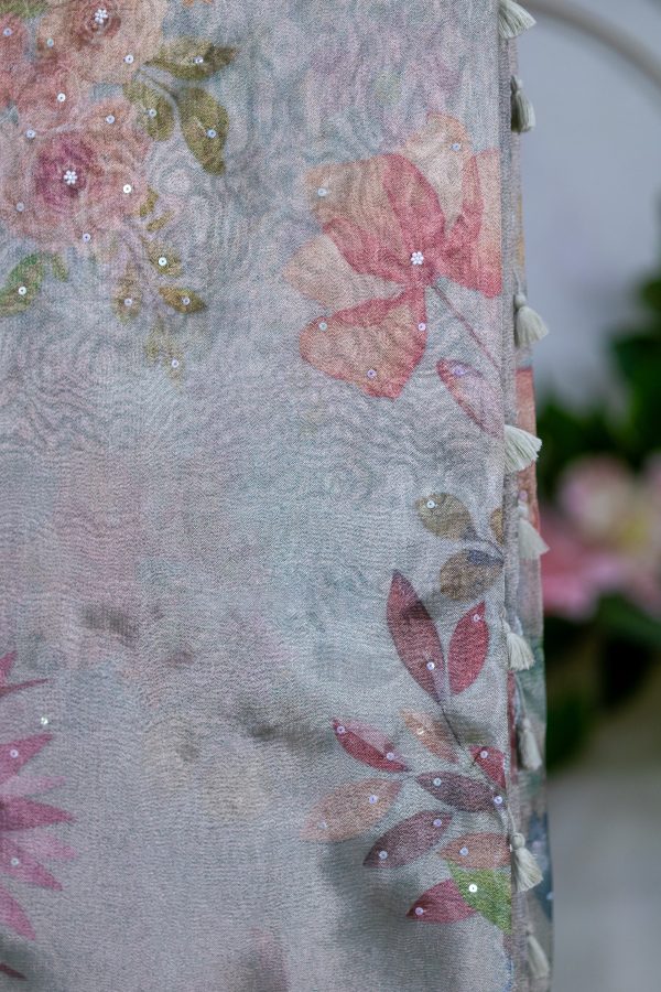 Semi Tissue Saree with Digital Floral Print & Mirror Detailing - Image 2