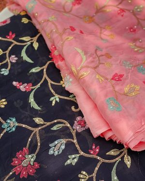 Organza Fabric with Multicolour Floral Embroidery & Allover Sequin Detailing