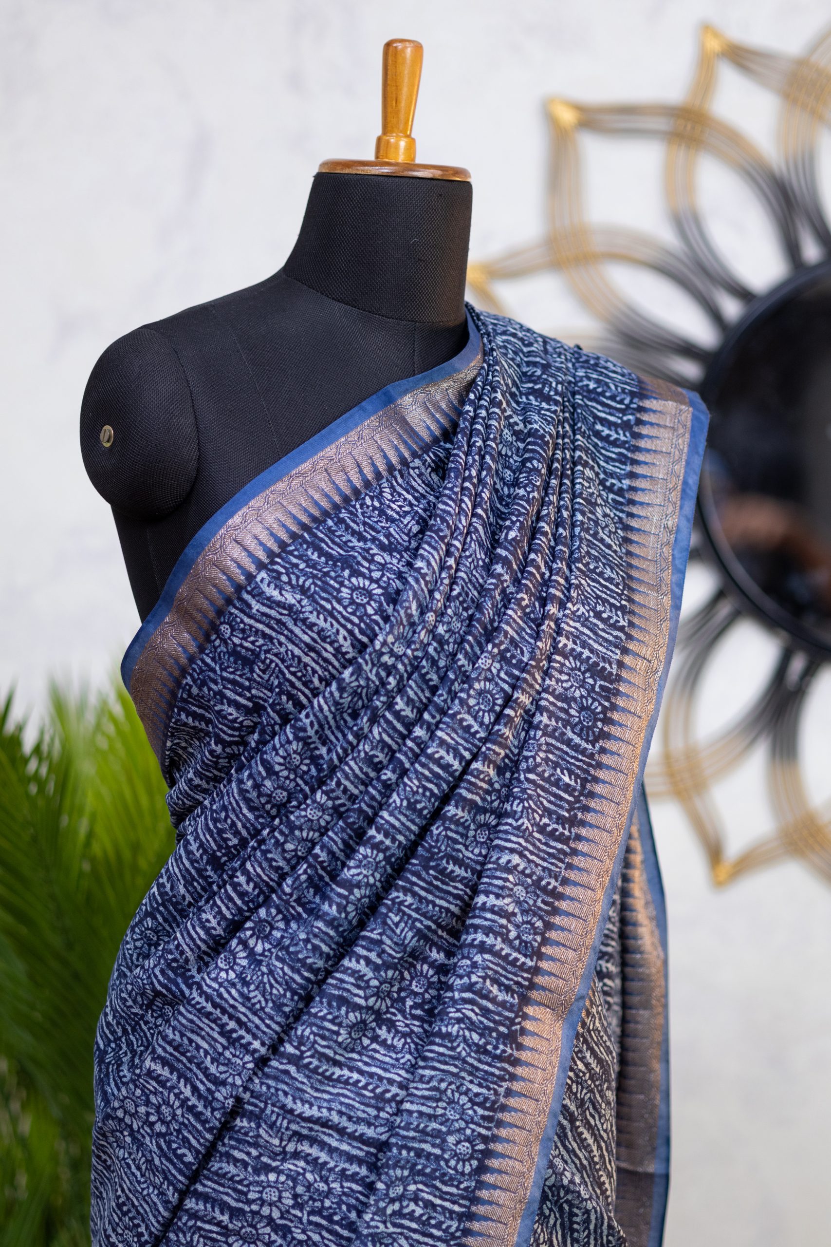 Chanderi Saree with Indigo Print & Antique Banarasi Border - Image 14