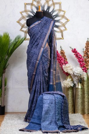 Chanderi Saree with Indigo Print & Antique Banarasi Border