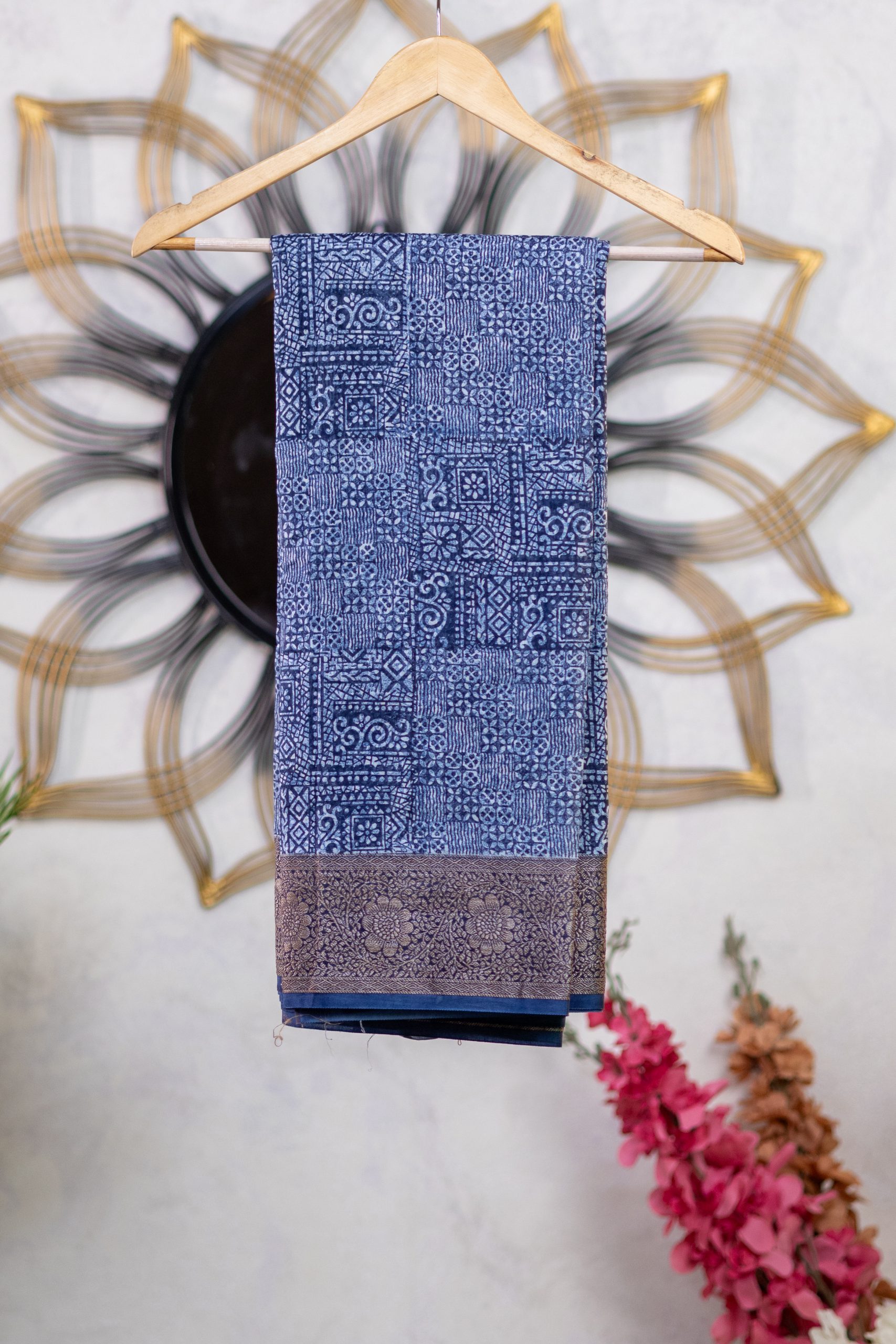 Chanderi Saree with Indigo Print & Antique Banarasi Border - Image 7