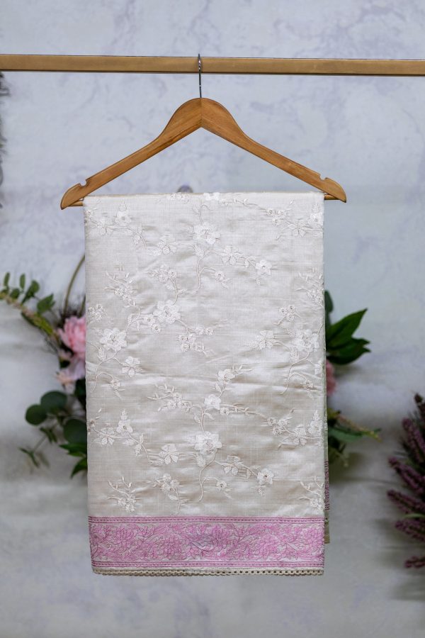 Semi-Silk Saree with Allover Embroidery, Lace Border - Image 4