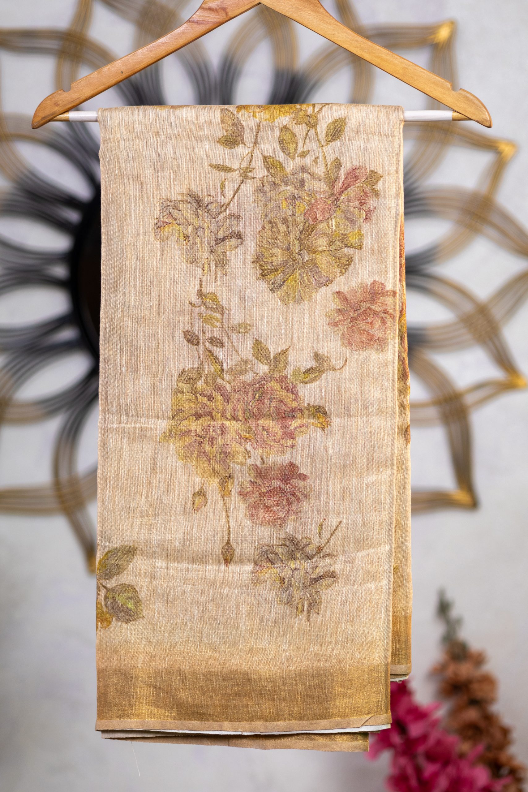 Pure Linen Tissue Saree with Floral Digital Print - Image 2