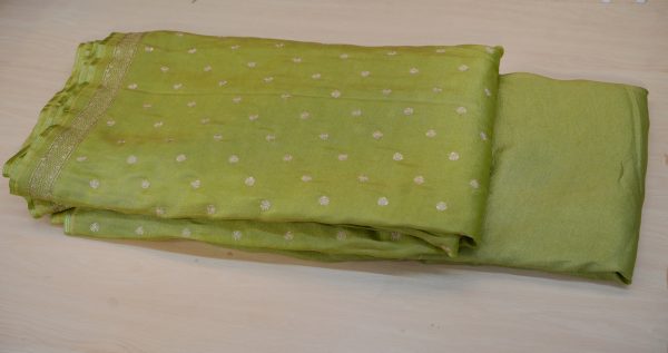 Pure Tissue Silk Fabric with golden embroidery and one-side border: - Image 2