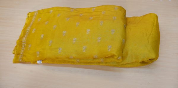 Pure Tissue Silk Fabric with golden embroidery and one-side border: - Image 7