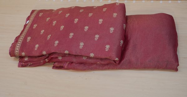 Pure Tissue Silk Fabric with golden embroidery and one-side border: - Image 3