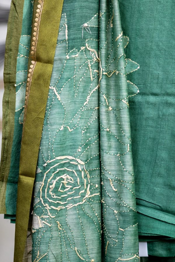 Pure Tussar Silk unstitched Salwar Suit with Kantha Work - Image 4