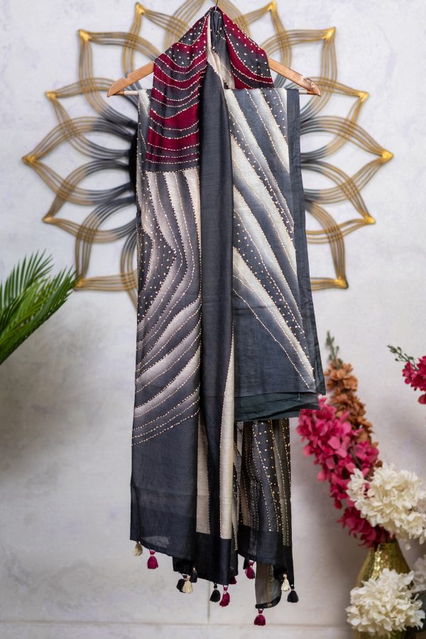 Pure Tussar Silk unstitched Salwar Suit with Kantha Work - Image 5