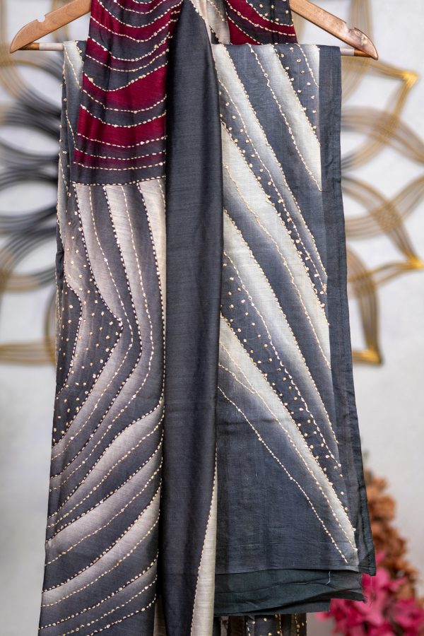 Pure Tussar Silk unstitched Salwar Suit with Kantha Work - Image 3