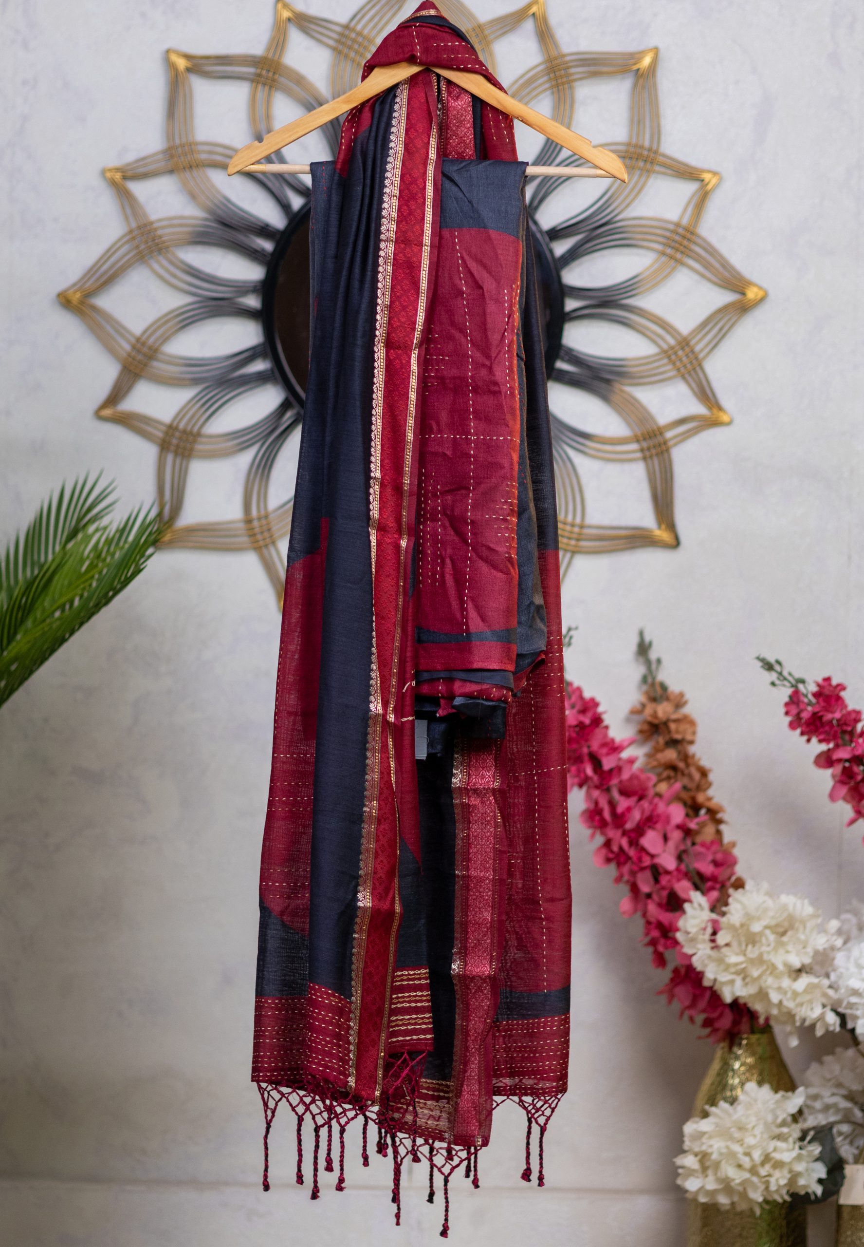 Pure Tussar Silk unstitched salwar suits with Kantha Work - Image 6