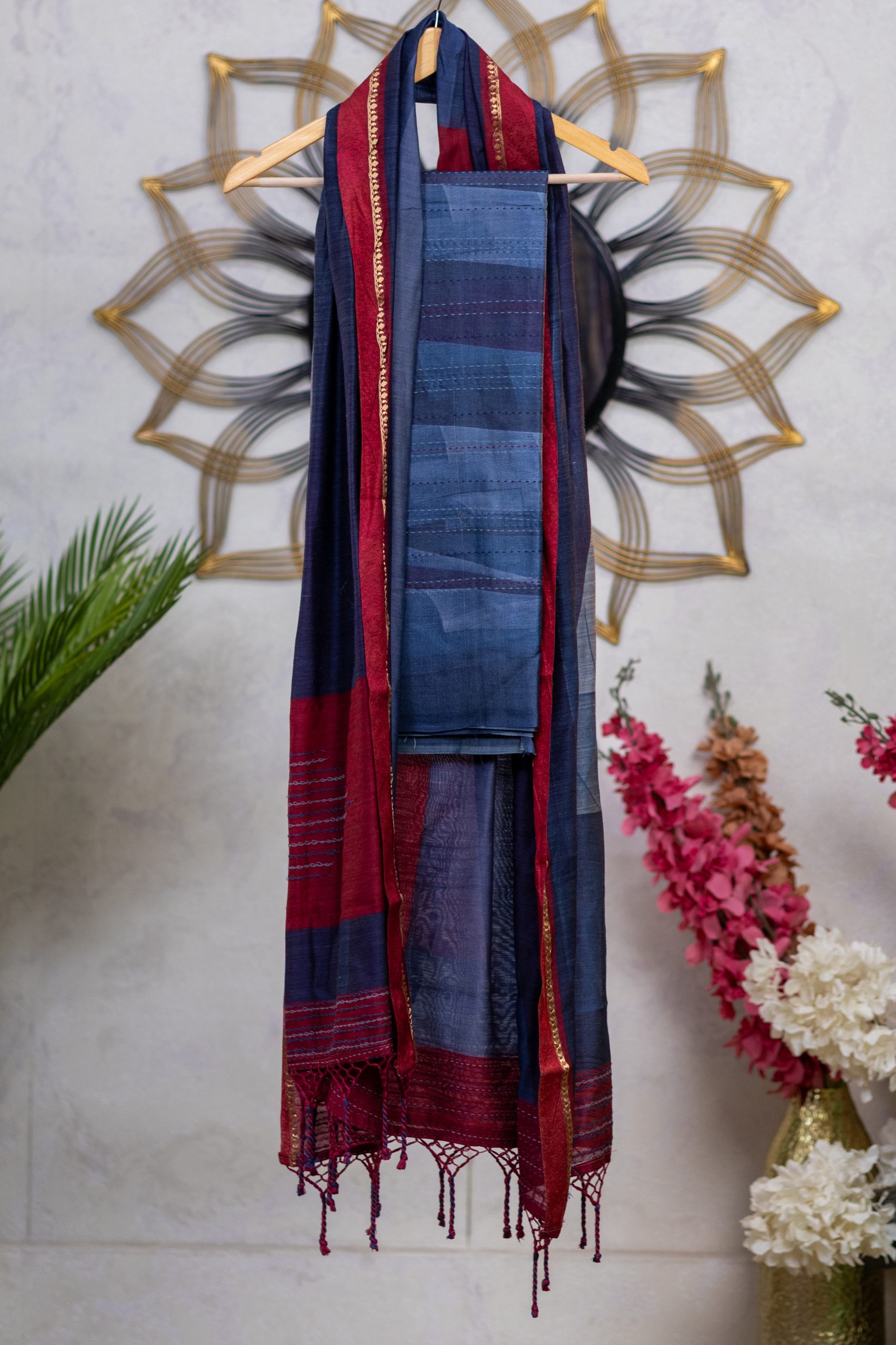 Pure Tussar Silk unstitched salwar suits with Kantha Work - Image 5