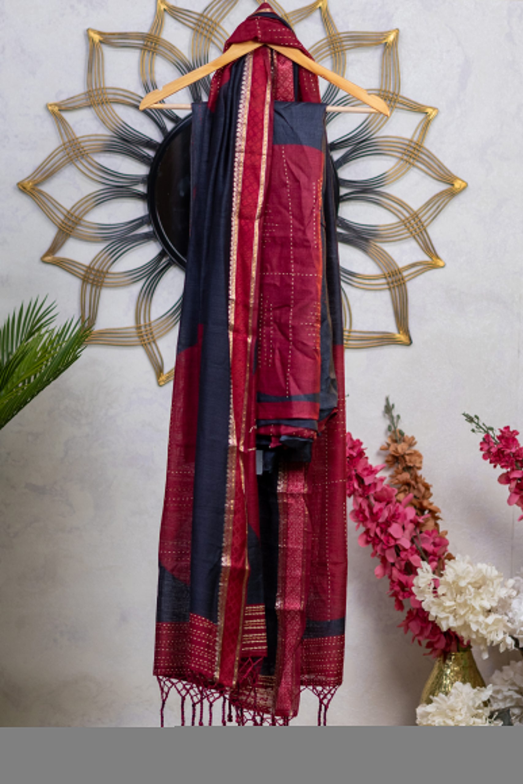 Pure Tussar Silk unstitched salwar suits with Kantha Work