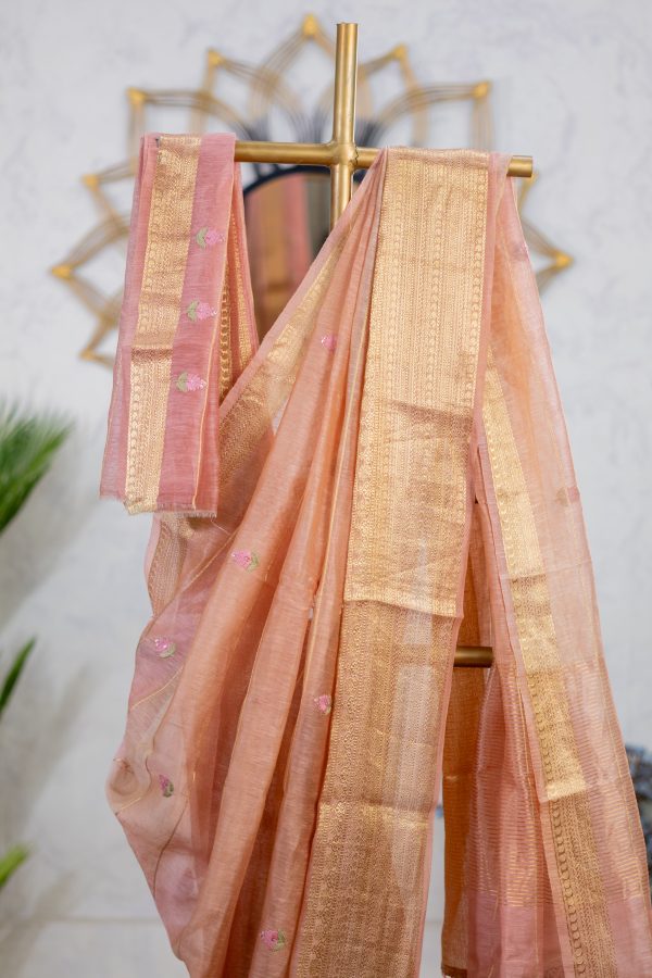 Pure Linen Saree with Matching Handwork & Light Antique Zari Border - Image 2